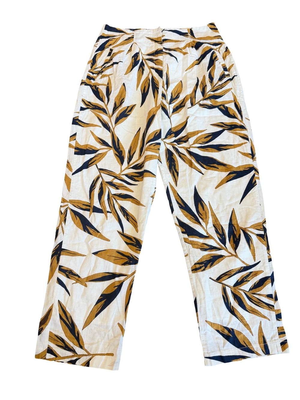 J.O.A. White Navy Mustard Leaf Print Wide Leg Pants Cropped Length Small Women's